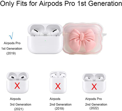 Compatible with Apple Airpods Pro Generation 2019 Case Cover, Cute 3D Bow Tie Design Shockproof Soft Clear TPU Kawaii Airpods Pro Protector with Keychain for Women Girls, Bow Rose