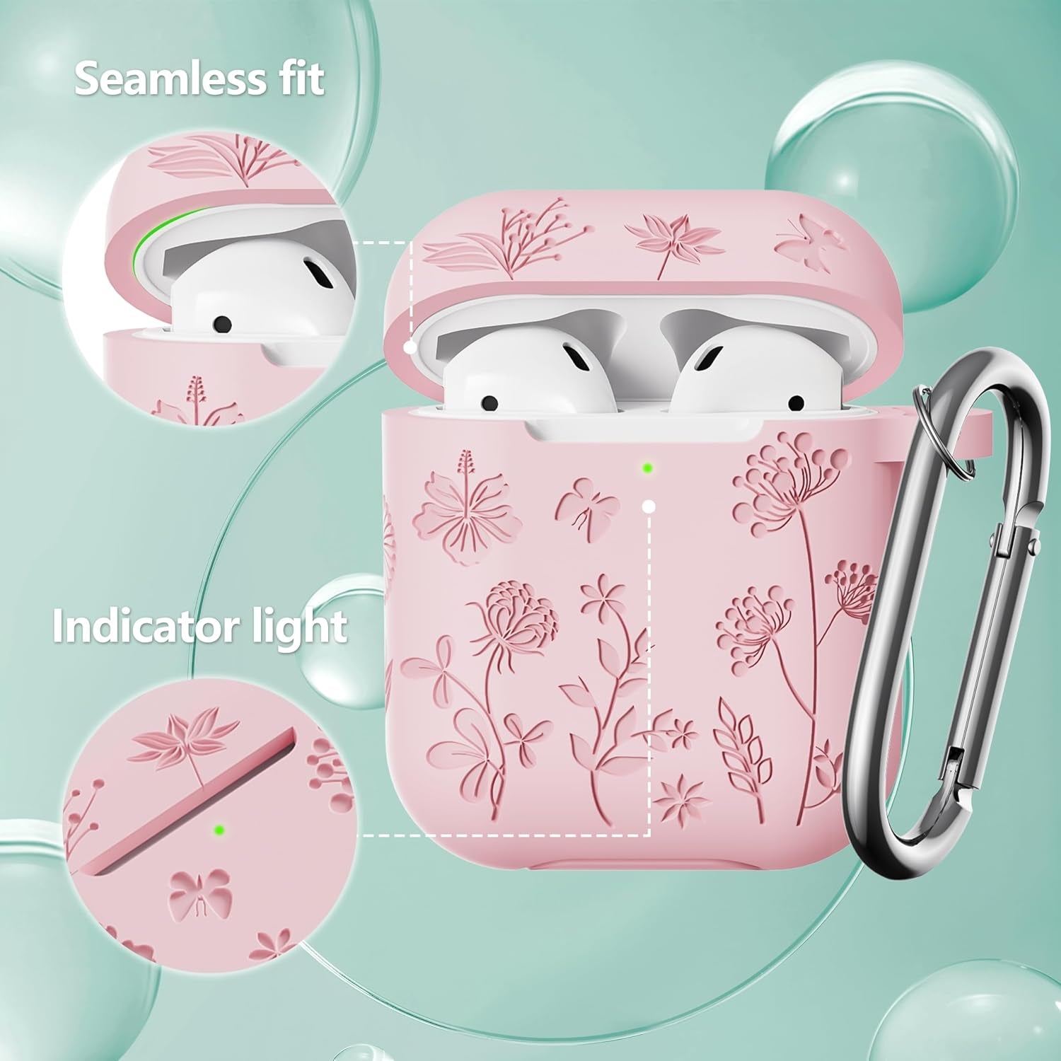 Compatible with Airpods Case - Flower Engraved Soft Silicone Case for Airpods 2Nd Generation Case - Cute Case for Airpods Case 1St/2Nd Generation with Cleaner Kit & Keychain (Pink), C-Mauve