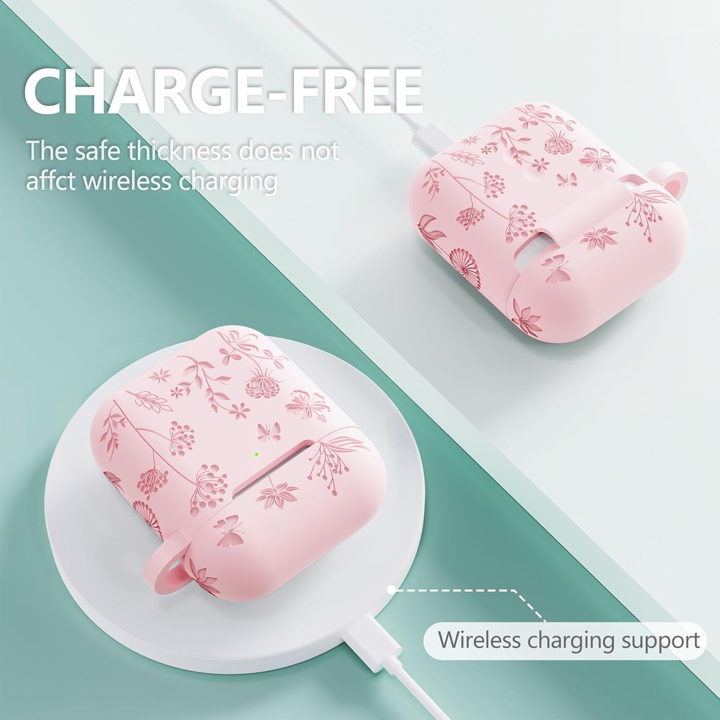 Compatible with Airpods Case - Flower Engraved Soft Silicone Case for Airpods 2Nd Generation Case - Cute Case for Airpods Case 1St/2Nd Generation with Cleaner Kit & Keychain (Pink), C-Mauve