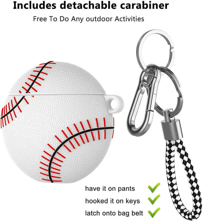Airpods Case, Air Pods Cover, Portable Protective Shockproof Earphone Accessories Cover W/Carabiner/Keychain Compatible for Apple Airpods 1/ Airpods 2 Charging Case [White Baseball]