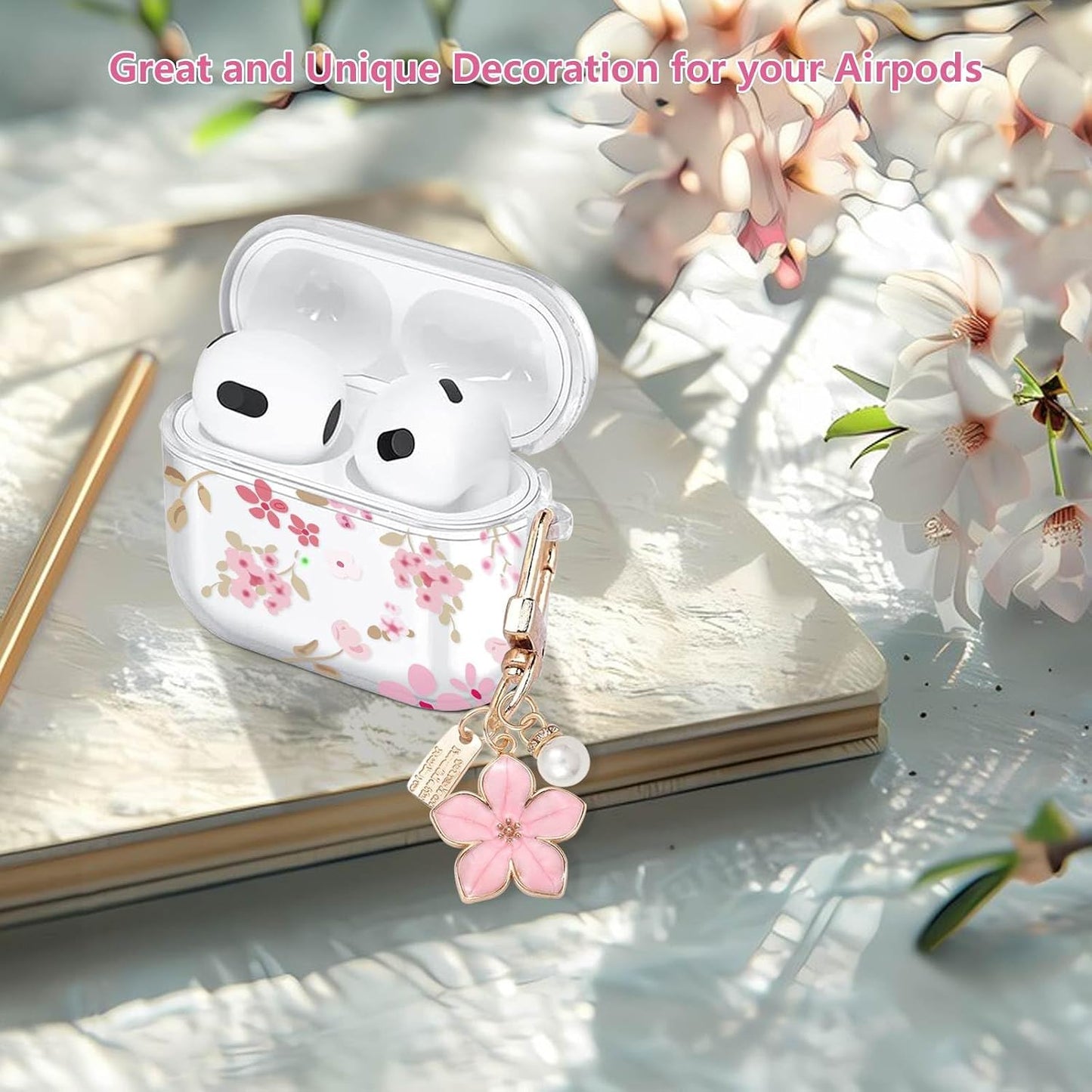 for Airpods 4 Case Clear,Cute Flower Floral Case for Airpod 4 Case Cover,Aesthetic Soft TPU with Girly Flower Pearl Keychain&Cleaning Pen for Airpods 4Th Generation Cover Women Girl-Pink