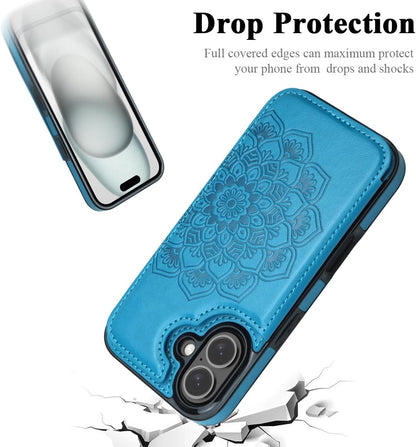 for Iphone 16 Case with Card Holder, Flower Magnetic Clasp Flip Case for Iphone 16 Wallet Case for Women, Protective Case Phone Case for Iphone 16 (6.1 Inch),Blue