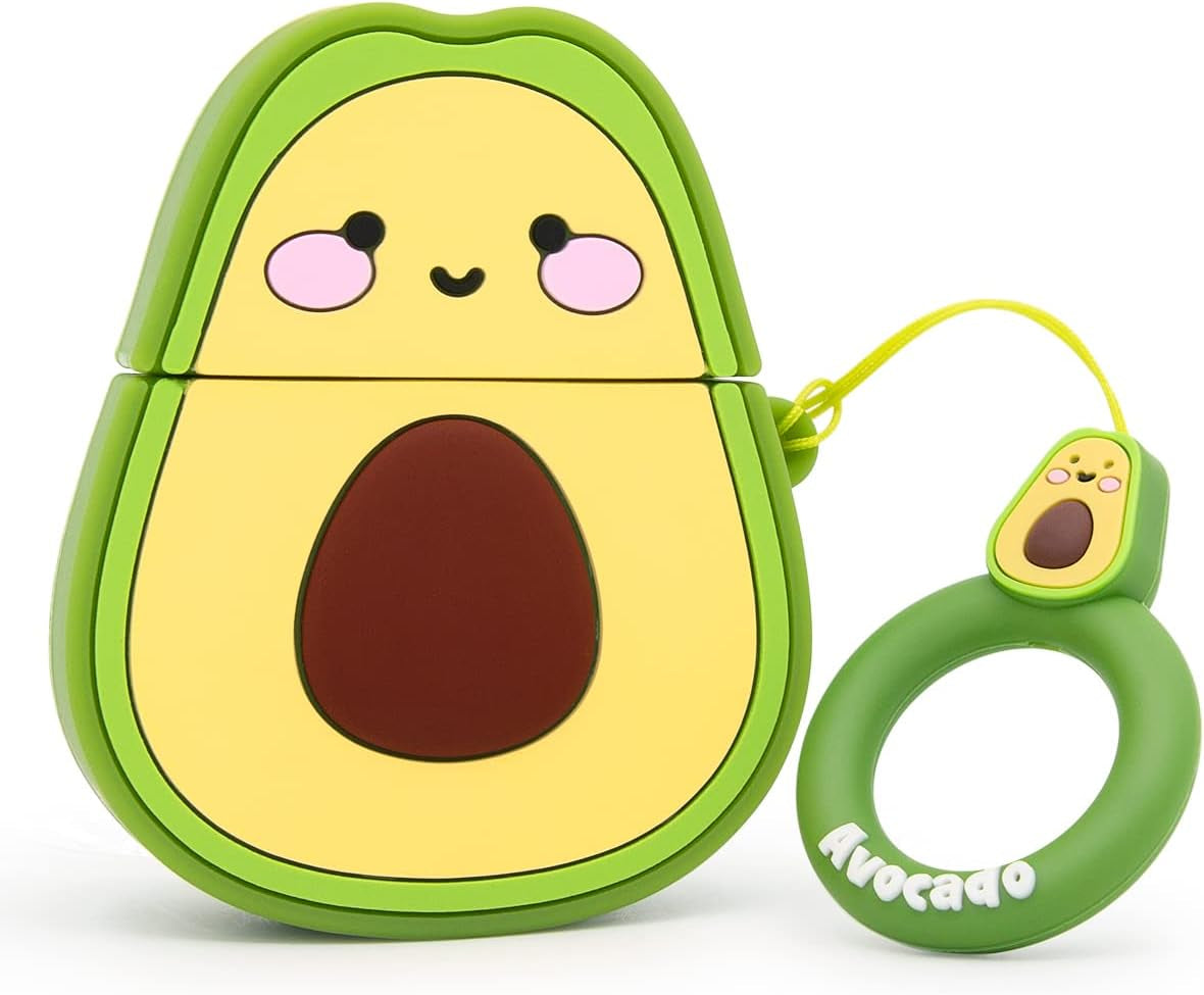 Cute Airpods Case, Airpods 2 Case, Funny 3D Cartoon Fruit Avocado Case, Soft Silicone Full Protection Shockproof Charging Case Cover with Keychain Airpods 1&2 Case for Kids Girls Boys Women