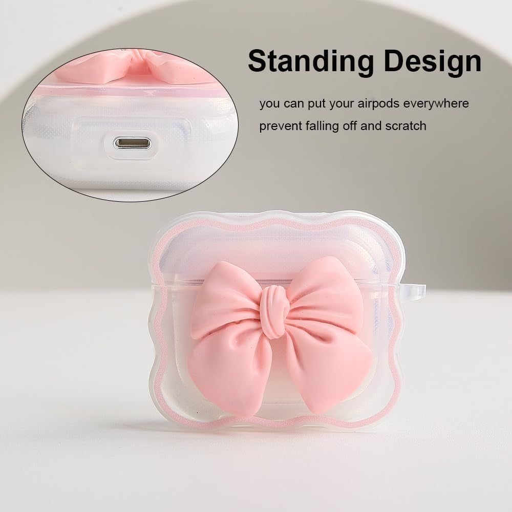 Compatible with Apple Airpods 3 Generation 2021 Case Cover, Cute 3D Bow Tie Design Shockproof Soft Clear TPU Kawaii Airpods 3 Protector with Keychain for Women Girls, Bow Pink