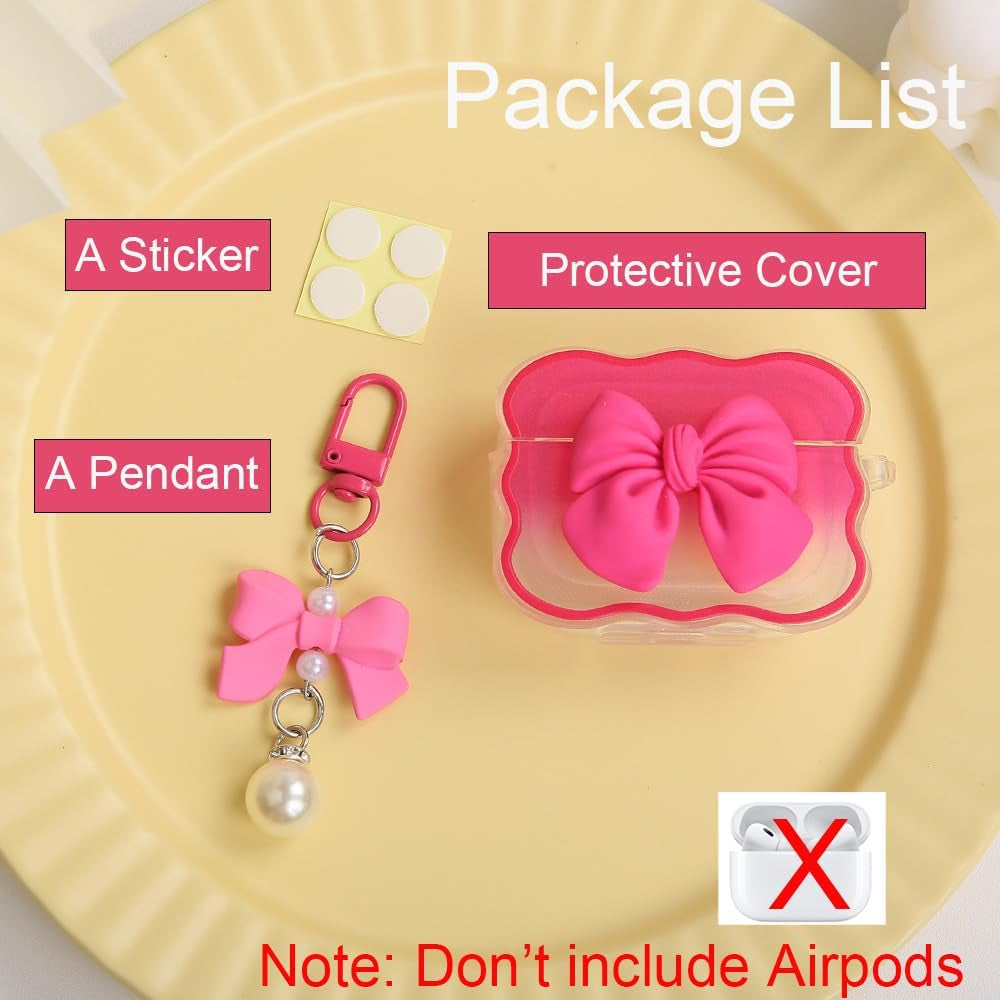 Compatible with Apple Airpods Pro Generation 2019 Case Cover, Cute 3D Bow Tie Design Shockproof Soft Clear TPU Kawaii Airpods Pro Protector with Keychain for Women Girls, Bow Rose
