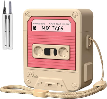 Compatible with Airpods Case Cover with Cleaner Kit, Funny Cassette Tape Design Case for Airpod 1St/2Nd Generation, Cute Cartoon Silicone Protective Case for Apple Airpods