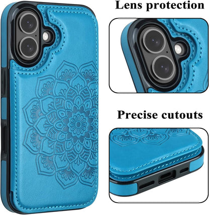for Iphone 16 Case with Card Holder, Flower Magnetic Clasp Flip Case for Iphone 16 Wallet Case for Women, Protective Case Phone Case for Iphone 16 (6.1 Inch),Blue