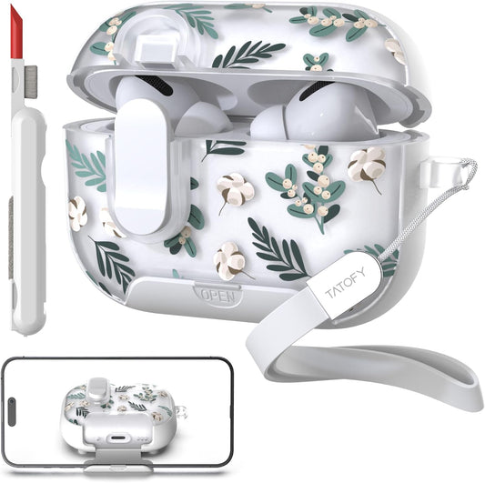 for Airpods Pro 2 & Pro Case with Phone Stand Lanyard Lock Cleaning Kit, Compatible with Magsafe, Flowers Hard Cover for Women (Green, Airpods Pro 2 & Pro)