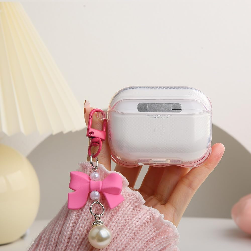 Compatible with Apple Airpods Pro Generation 2019 Case Cover, Cute 3D Bow Tie Design Shockproof Soft Clear TPU Kawaii Airpods Pro Protector with Keychain for Women Girls, Bow Rose