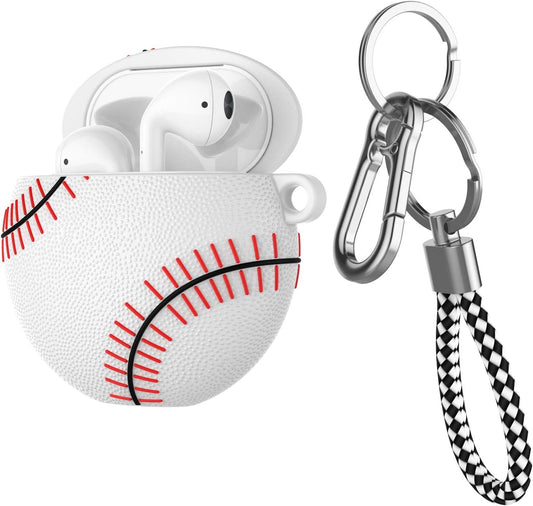 Airpods Case, Air Pods Cover, Portable Protective Shockproof Earphone Accessories Cover W/Carabiner/Keychain Compatible for Apple Airpods 1/ Airpods 2 Charging Case [White Baseball]