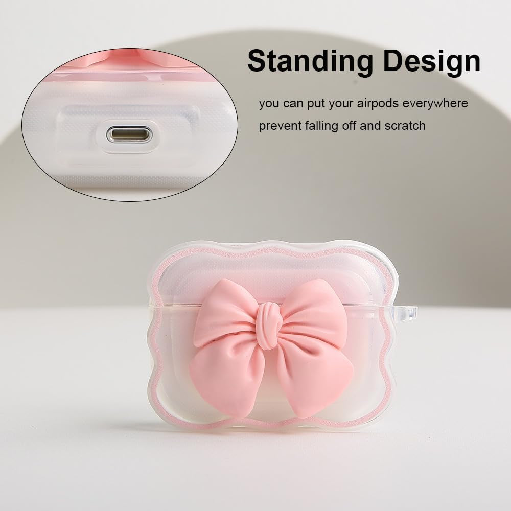 Compatible with Apple Airpods Pro Generation 2019 Case Cover, Cute 3D Bow Tie Design Shockproof Soft Clear TPU Kawaii Airpods Pro Protector with Keychain for Women Girls, Bow Rose