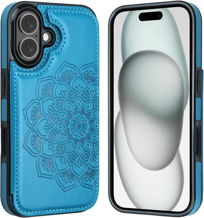 for Iphone 16 Case with Card Holder, Flower Magnetic Clasp Flip Case for Iphone 16 Wallet Case for Women, Protective Case Phone Case for Iphone 16 (6.1 Inch),Blue