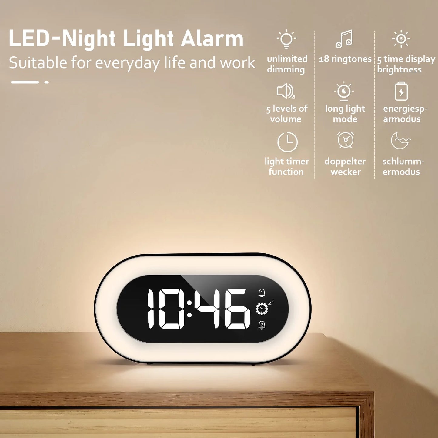 Digital Alarm Clock with Light, Musical Ringer, and Spare Battery(Black+Rgb)