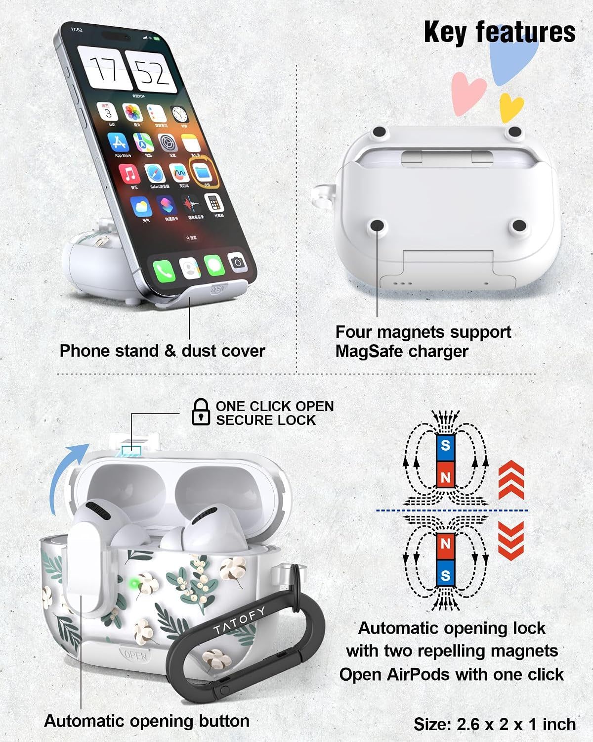 for Airpods Pro 2 & Pro Case with Phone Stand Lanyard Lock Cleaning Kit, Compatible with Magsafe, Flowers Hard Cover for Women (Green, Airpods Pro 2 & Pro)