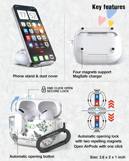 for Airpods Pro 2 & Pro Case with Phone Stand Lanyard Lock Cleaning Kit, Compatible with Magsafe, Flowers Hard Cover for Women (Green, Airpods Pro 2 & Pro)