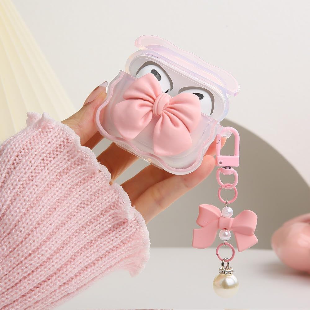 Compatible with Apple Airpods 3 Generation 2021 Case Cover, Cute 3D Bow Tie Design Shockproof Soft Clear TPU Kawaii Airpods 3 Protector with Keychain for Women Girls, Bow Pink