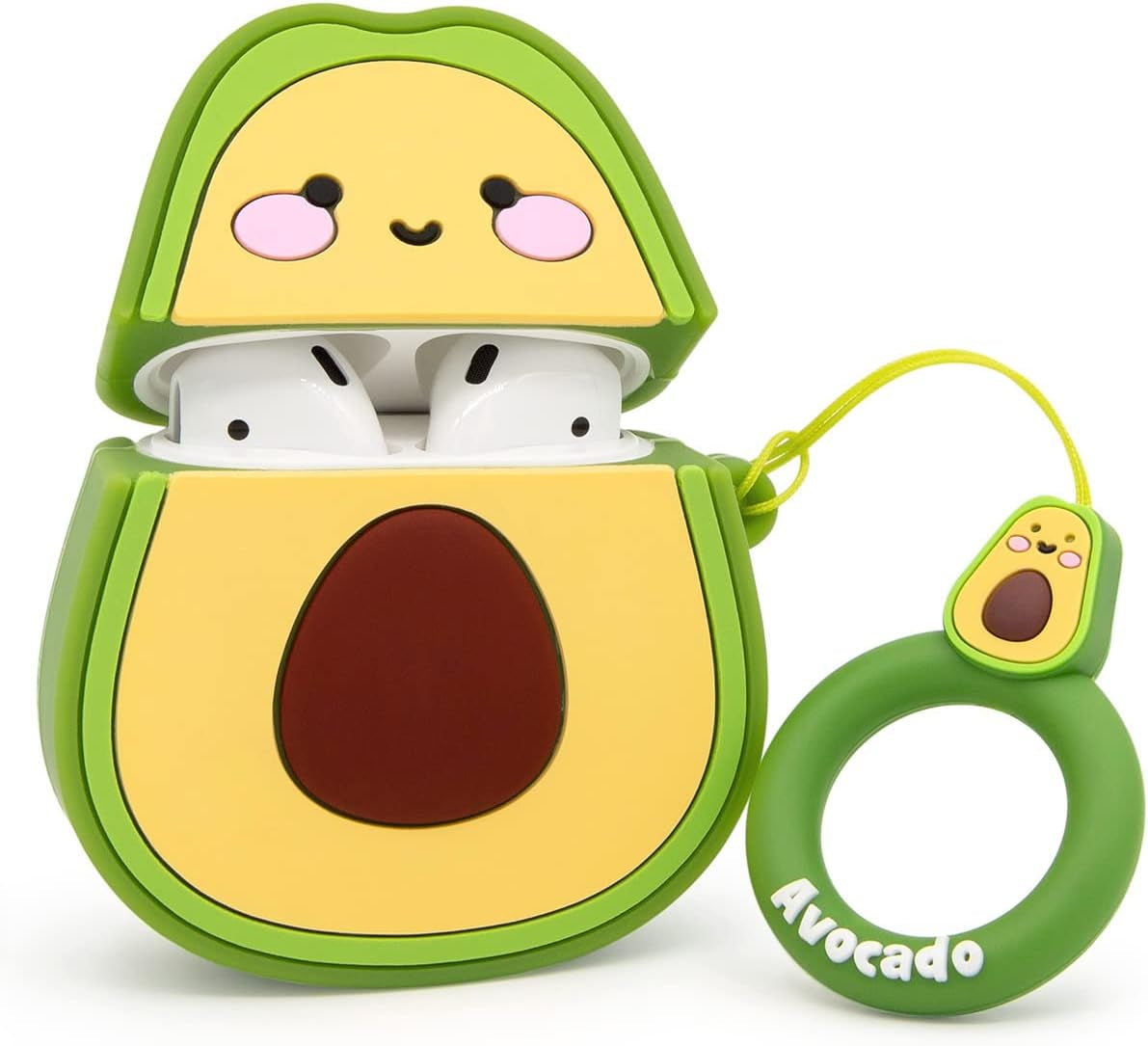 Cute Airpods Case, Airpods 2 Case, Funny 3D Cartoon Fruit Avocado Case, Soft Silicone Full Protection Shockproof Charging Case Cover with Keychain Airpods 1&2 Case for Kids Girls Boys Women