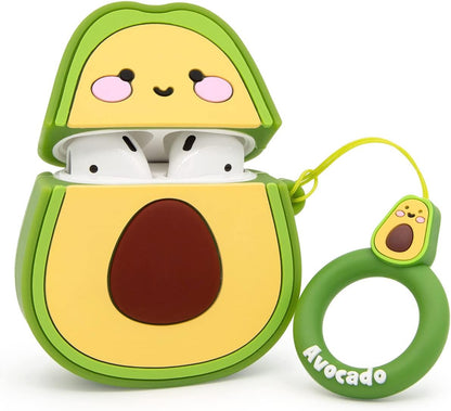 Cute Airpods Case, Airpods 2 Case, Funny 3D Cartoon Fruit Avocado Case, Soft Silicone Full Protection Shockproof Charging Case Cover with Keychain Airpods 1&2 Case for Kids Girls Boys Women