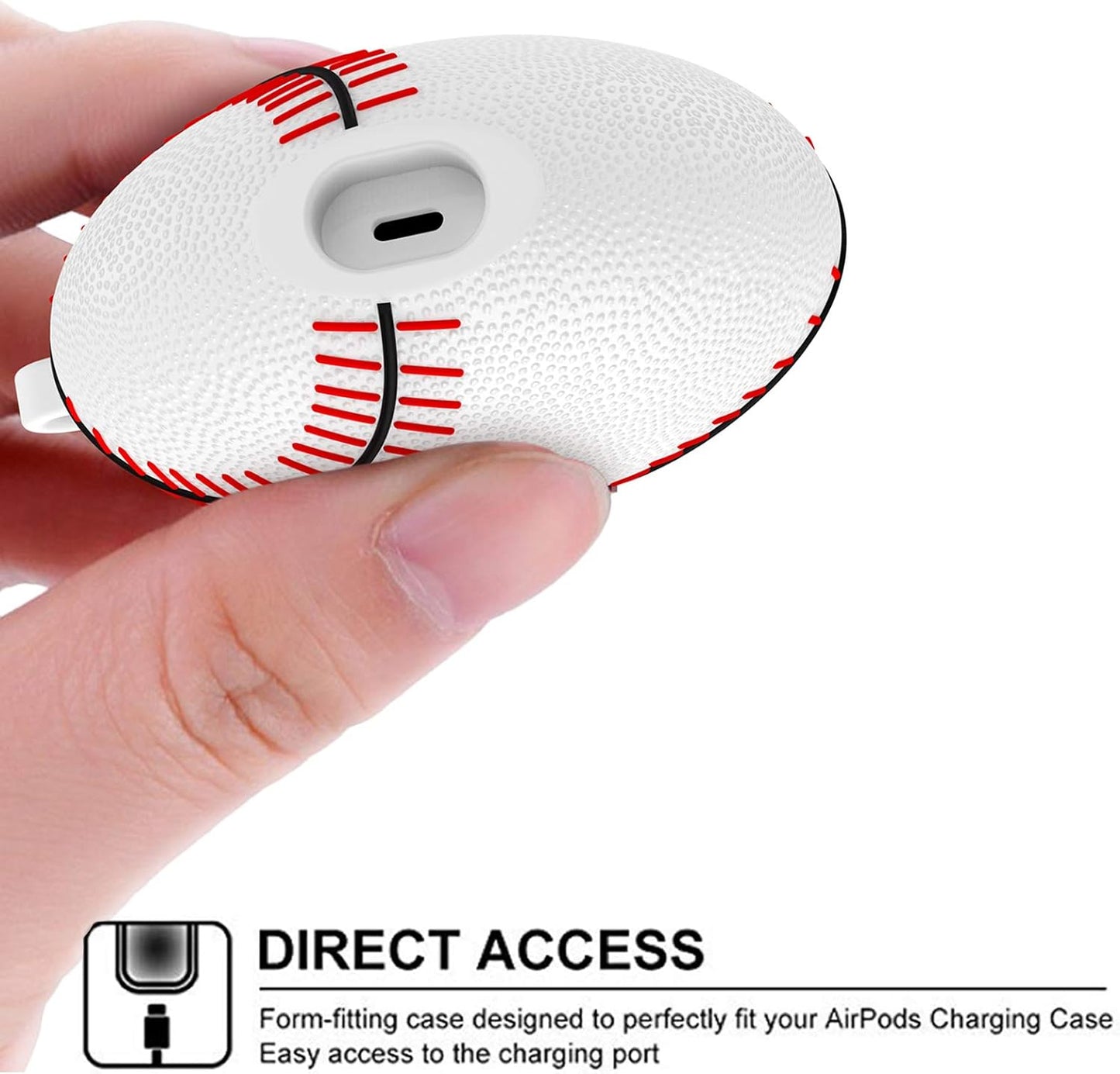 Airpods Case, Air Pods Cover, Portable Protective Shockproof Earphone Accessories Cover W/Carabiner/Keychain Compatible for Apple Airpods 1/ Airpods 2 Charging Case [White Baseball]