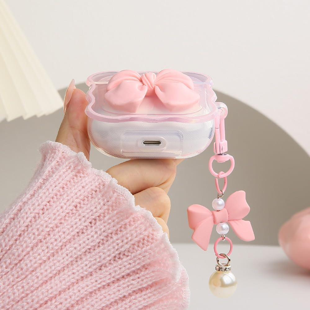 Compatible with Apple Airpods 3 Generation 2021 Case Cover, Cute 3D Bow Tie Design Shockproof Soft Clear TPU Kawaii Airpods 3 Protector with Keychain for Women Girls, Bow Pink