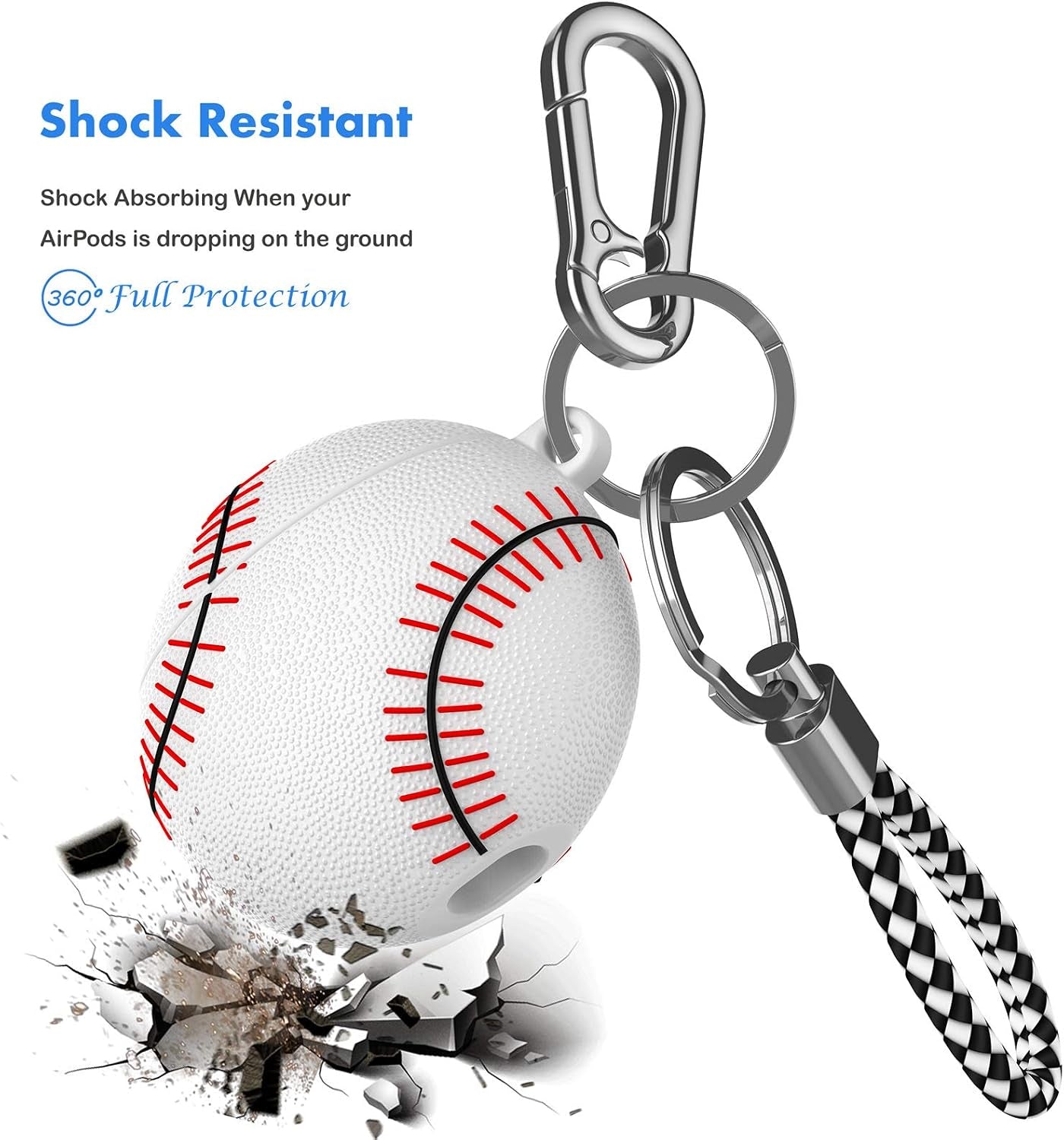 Airpods Case, Air Pods Cover, Portable Protective Shockproof Earphone Accessories Cover W/Carabiner/Keychain Compatible for Apple Airpods 1/ Airpods 2 Charging Case [White Baseball]