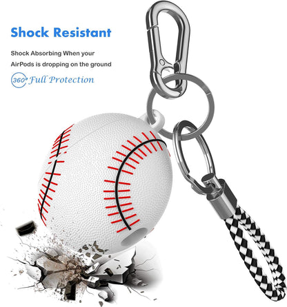Airpods Case, Air Pods Cover, Portable Protective Shockproof Earphone Accessories Cover W/Carabiner/Keychain Compatible for Apple Airpods 1/ Airpods 2 Charging Case [White Baseball]