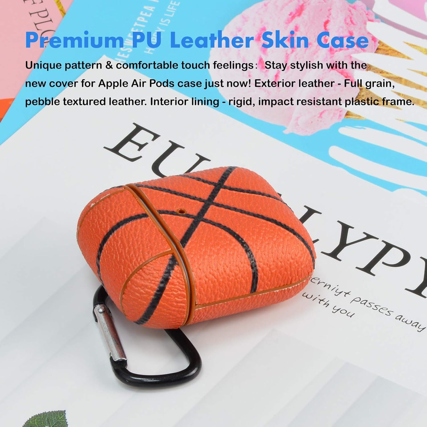 Airpods Case, Airpods PU Leather Hard Case, Portable Protective Shockproof Earphone Accessories Cover W/Carabiner/Keychain Compatible for Apple Airpods 1/ Airpods 2 Charging Case [Basketball]