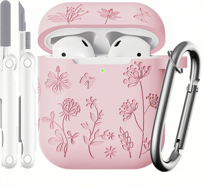 Compatible with Airpods Case - Flower Engraved Soft Silicone Case for Airpods 2Nd Generation Case - Cute Case for Airpods Case 1St/2Nd Generation with Cleaner Kit & Keychain (Pink), C-Mauve
