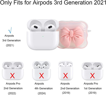 Compatible with Apple Airpods 3 Generation 2021 Case Cover, Cute 3D Bow Tie Design Shockproof Soft Clear TPU Kawaii Airpods 3 Protector with Keychain for Women Girls, Bow Pink