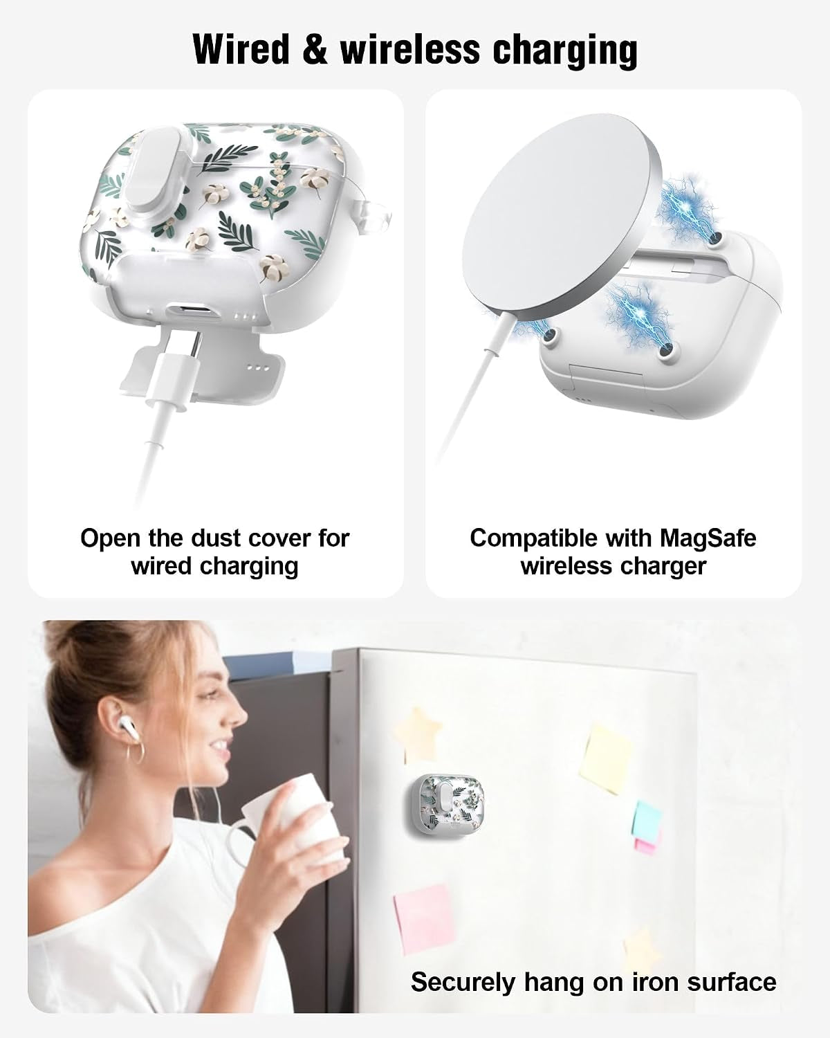 for Airpods Pro 2 & Pro Case with Phone Stand Lanyard Lock Cleaning Kit, Compatible with Magsafe, Flowers Hard Cover for Women (Green, Airpods Pro 2 & Pro)