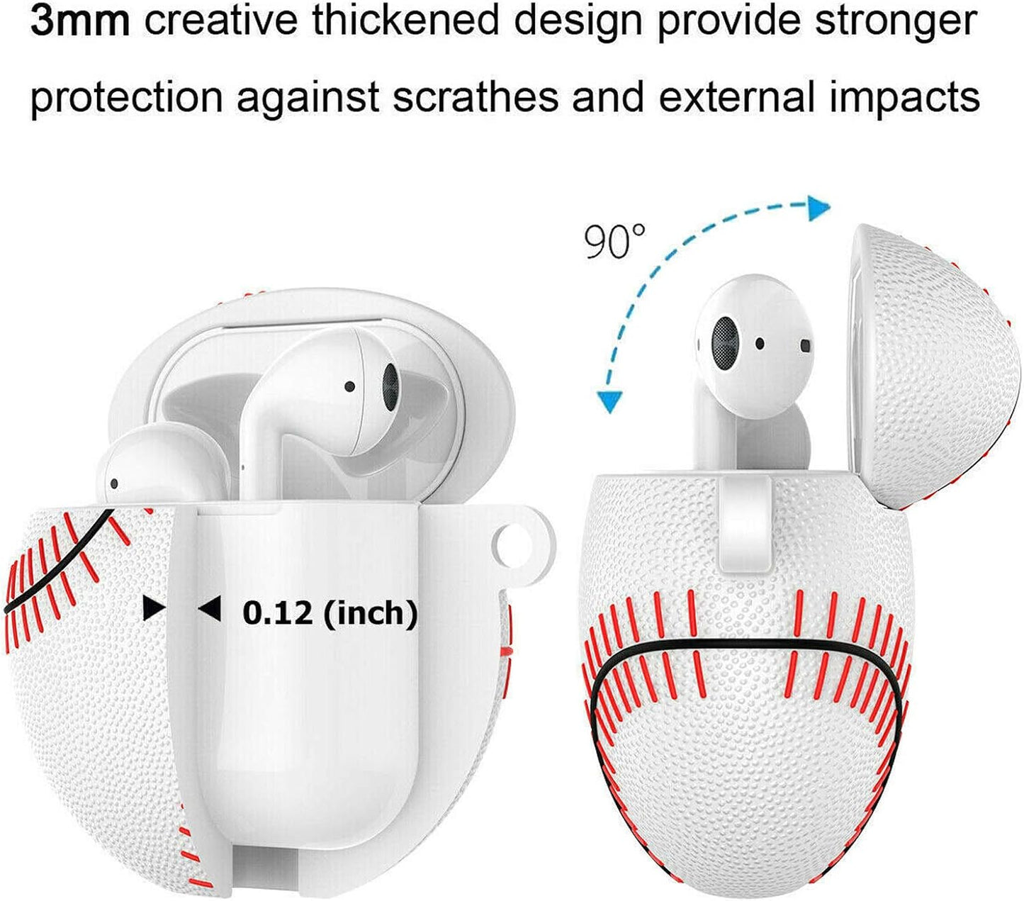 Airpods Case, Air Pods Cover, Portable Protective Shockproof Earphone Accessories Cover W/Carabiner/Keychain Compatible for Apple Airpods 1/ Airpods 2 Charging Case [White Baseball]