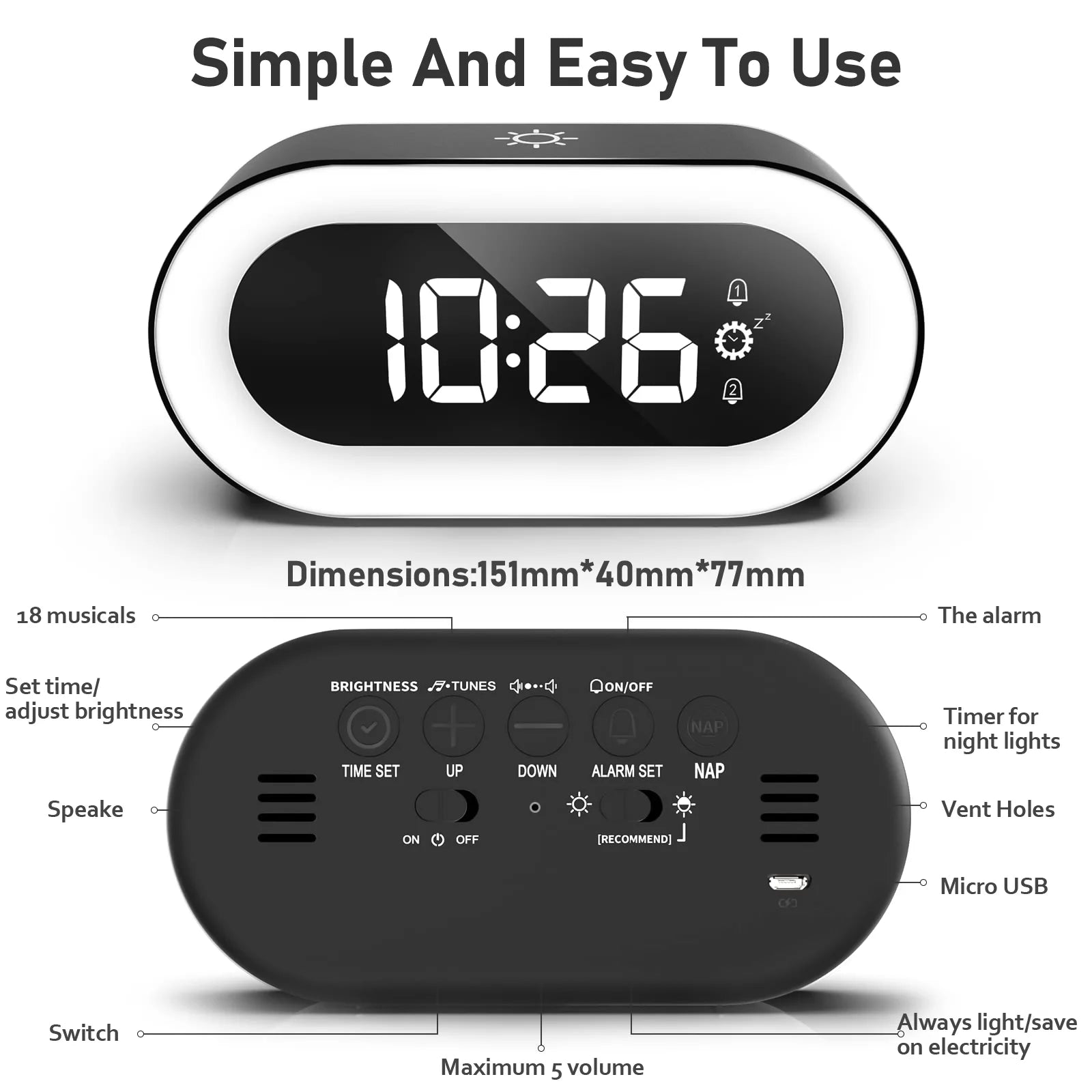 Digital Alarm Clock with Light, Musical Ringer, and Spare Battery(Black+Rgb)