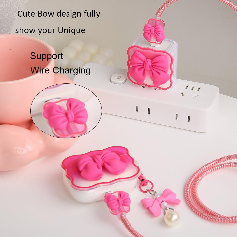Compatible with Apple Airpods Pro Generation 2019 Case Cover, Cute 3D Bow Tie Design Shockproof Soft Clear TPU Kawaii Airpods Pro Protector with Keychain for Women Girls, Bow Rose