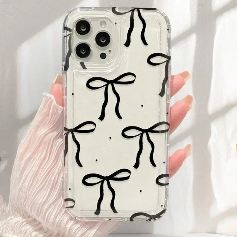 Cute Pink Heart Bow Phone Case for IPhone 17 16 15 14 13 12 11 Pro Max 13 12 Mini 17Air 16e Shockproof Soft Clear Cases Coque