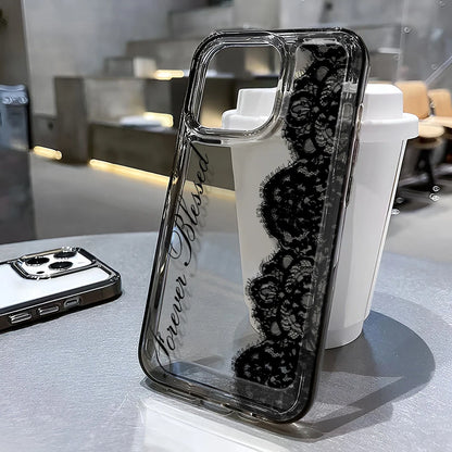 Black Lace Phone Case for iPhone 17 Pro Case 15 14 Pro Max 16 12 Shockproof Transparent Bumper Back Cover 17 Air 16 15 14 Plus
