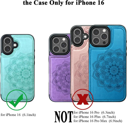 for Iphone 16 Case with Card Holder, Flower Magnetic Clasp Flip Case for Iphone 16 Wallet Case for Women, Protective Case Phone Case for Iphone 16 (6.1 Inch),Blue