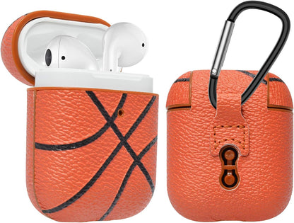 Airpods Case, Airpods PU Leather Hard Case, Portable Protective Shockproof Earphone Accessories Cover W/Carabiner/Keychain Compatible for Apple Airpods 1/ Airpods 2 Charging Case [Basketball]