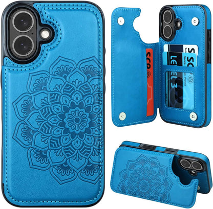 for Iphone 16 Case with Card Holder, Flower Magnetic Clasp Flip Case for Iphone 16 Wallet Case for Women, Protective Case Phone Case for Iphone 16 (6.1 Inch),Blue