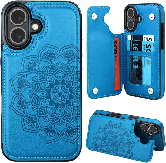 for Iphone 16 Case with Card Holder, Flower Magnetic Clasp Flip Case for Iphone 16 Wallet Case for Women, Protective Case Phone Case for Iphone 16 (6.1 Inch),Blue