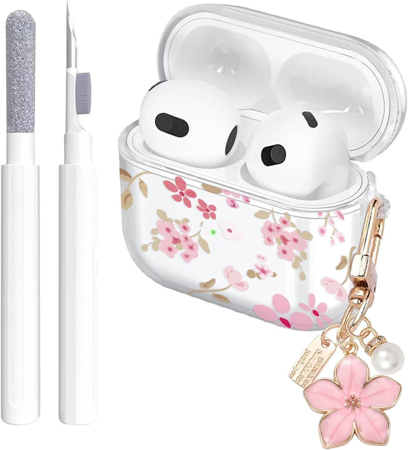 for Airpods 4 Case Clear,Cute Flower Floral Case for Airpod 4 Case Cover,Aesthetic Soft TPU with Girly Flower Pearl Keychain&Cleaning Pen for Airpods 4Th Generation Cover Women Girl-Pink