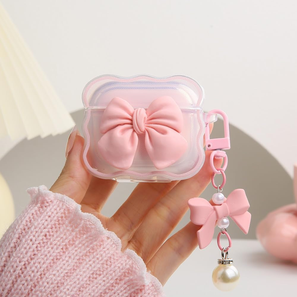 Compatible with Apple Airpods 3 Generation 2021 Case Cover, Cute 3D Bow Tie Design Shockproof Soft Clear TPU Kawaii Airpods 3 Protector with Keychain for Women Girls, Bow Pink