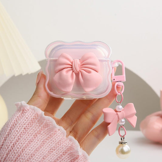Compatible with Apple Airpods 3 Generation 2021 Case Cover, Cute 3D Bow Tie Design Shockproof Soft Clear TPU Kawaii Airpods 3 Protector with Keychain for Women Girls, Bow Pink