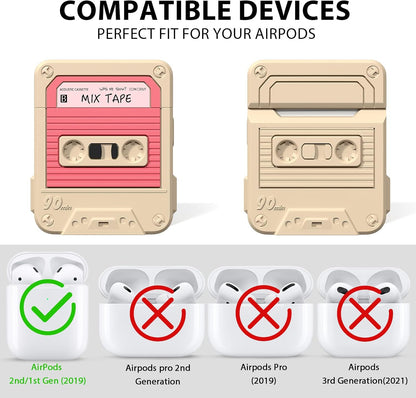 Compatible with Airpods Case Cover with Cleaner Kit, Funny Cassette Tape Design Case for Airpod 1St/2Nd Generation, Cute Cartoon Silicone Protective Case for Apple Airpods