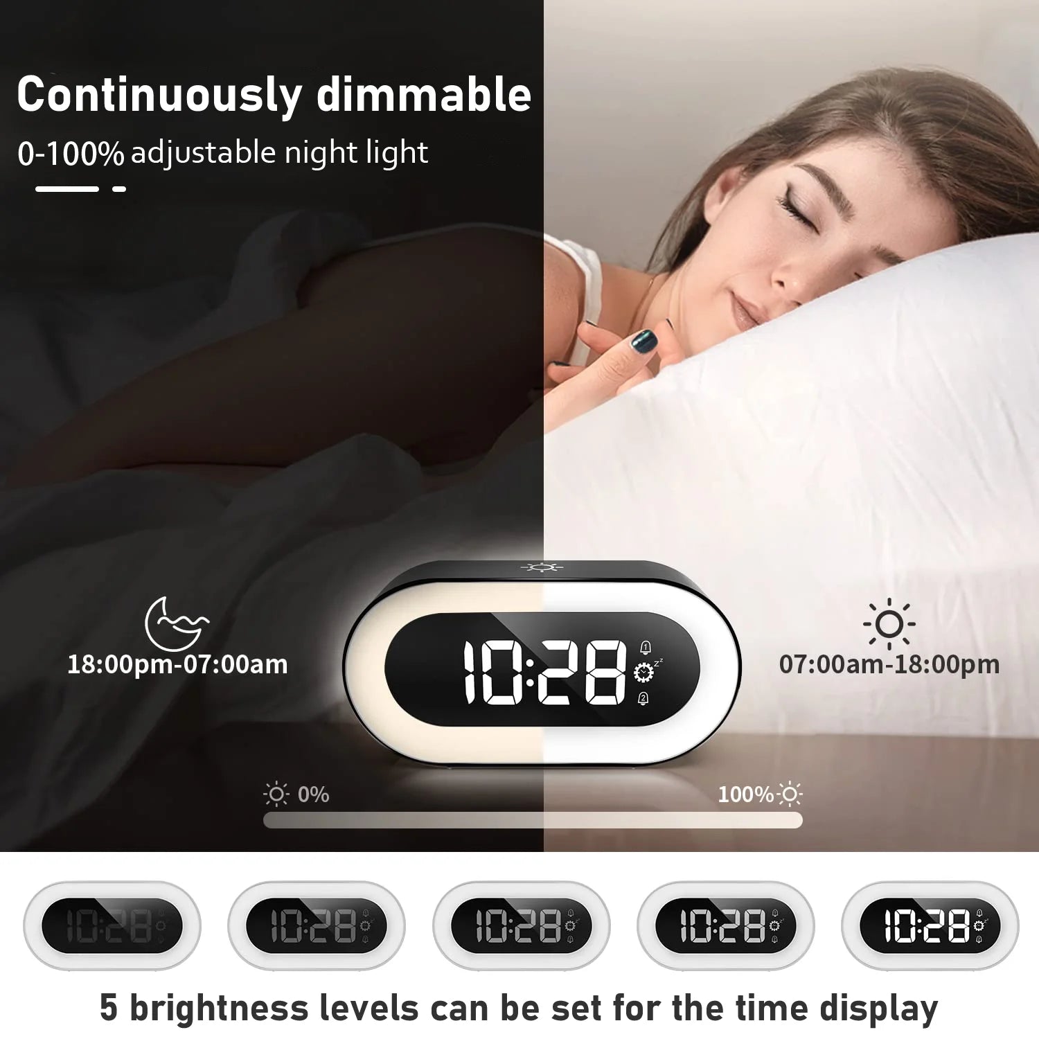 Digital Alarm Clock with Light, Musical Ringer, and Spare Battery(Black+Rgb)