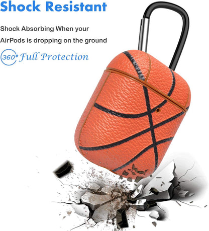 Airpods Case, Airpods PU Leather Hard Case, Portable Protective Shockproof Earphone Accessories Cover W/Carabiner/Keychain Compatible for Apple Airpods 1/ Airpods 2 Charging Case [Basketball]