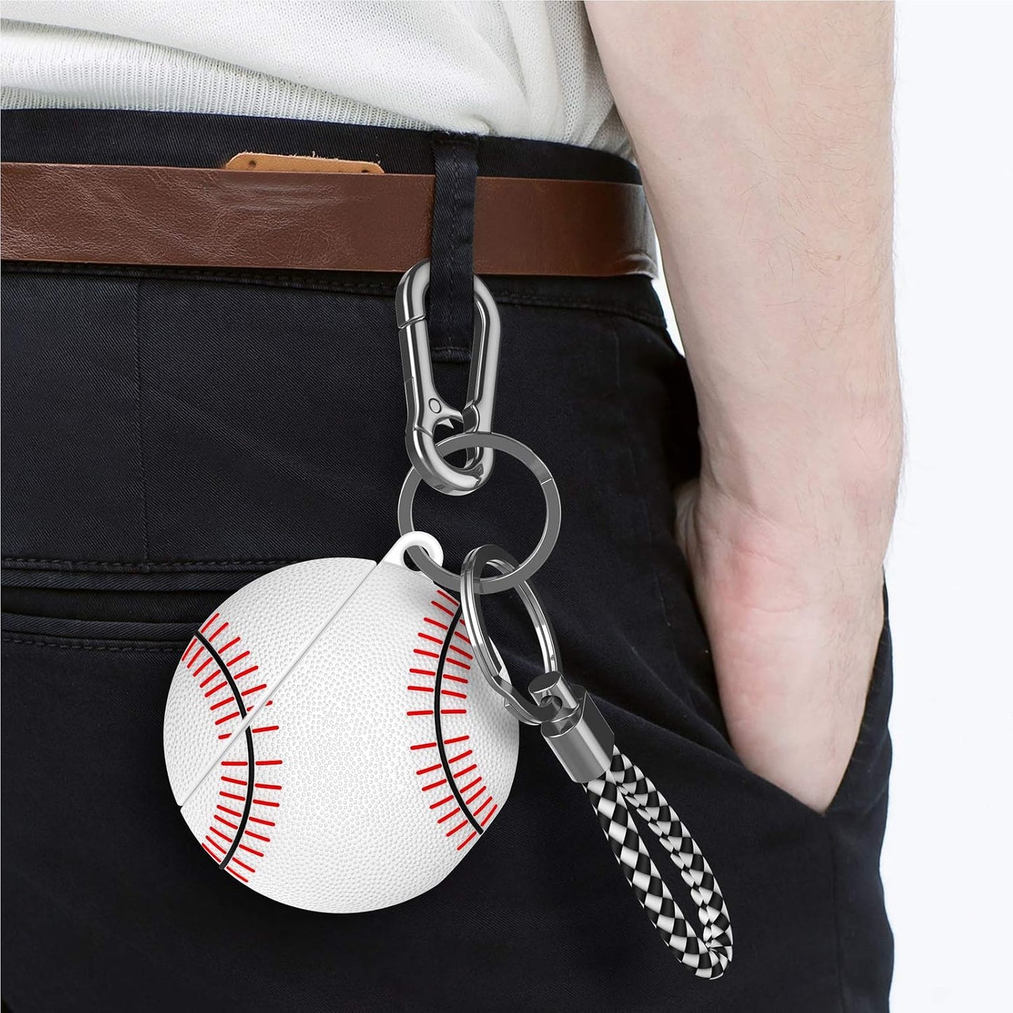 Airpods Case, Air Pods Cover, Portable Protective Shockproof Earphone Accessories Cover W/Carabiner/Keychain Compatible for Apple Airpods 1/ Airpods 2 Charging Case [White Baseball]