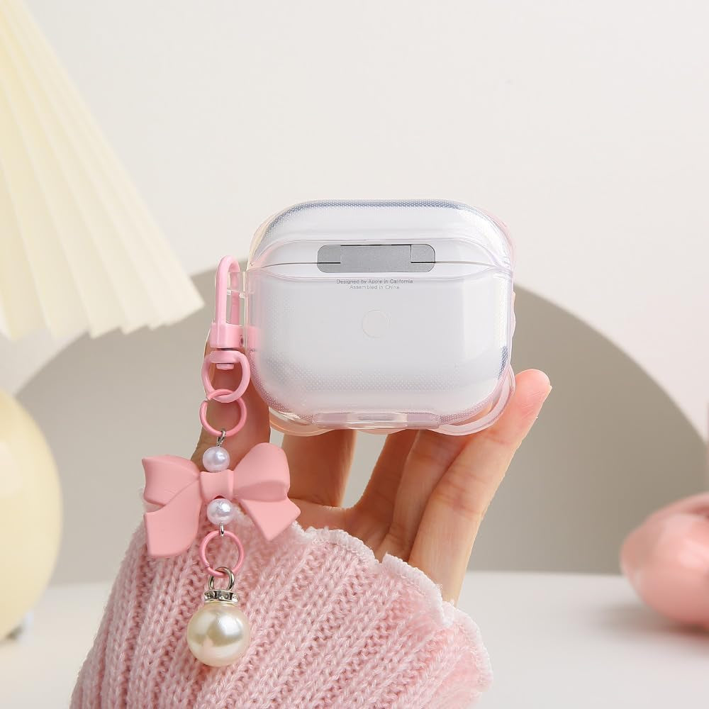 Compatible with Apple Airpods 3 Generation 2021 Case Cover, Cute 3D Bow Tie Design Shockproof Soft Clear TPU Kawaii Airpods 3 Protector with Keychain for Women Girls, Bow Pink