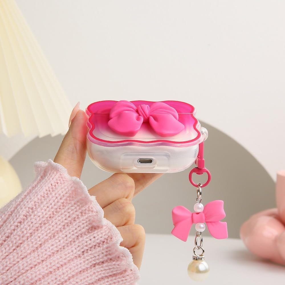 Compatible with Apple Airpods Pro Generation 2019 Case Cover, Cute 3D Bow Tie Design Shockproof Soft Clear TPU Kawaii Airpods Pro Protector with Keychain for Women Girls, Bow Rose