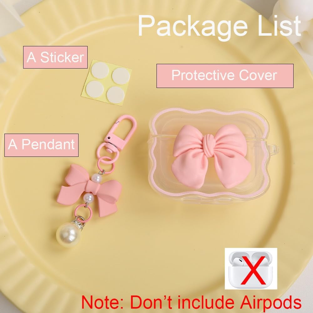 Compatible with Apple Airpods 3 Generation 2021 Case Cover, Cute 3D Bow Tie Design Shockproof Soft Clear TPU Kawaii Airpods 3 Protector with Keychain for Women Girls, Bow Pink