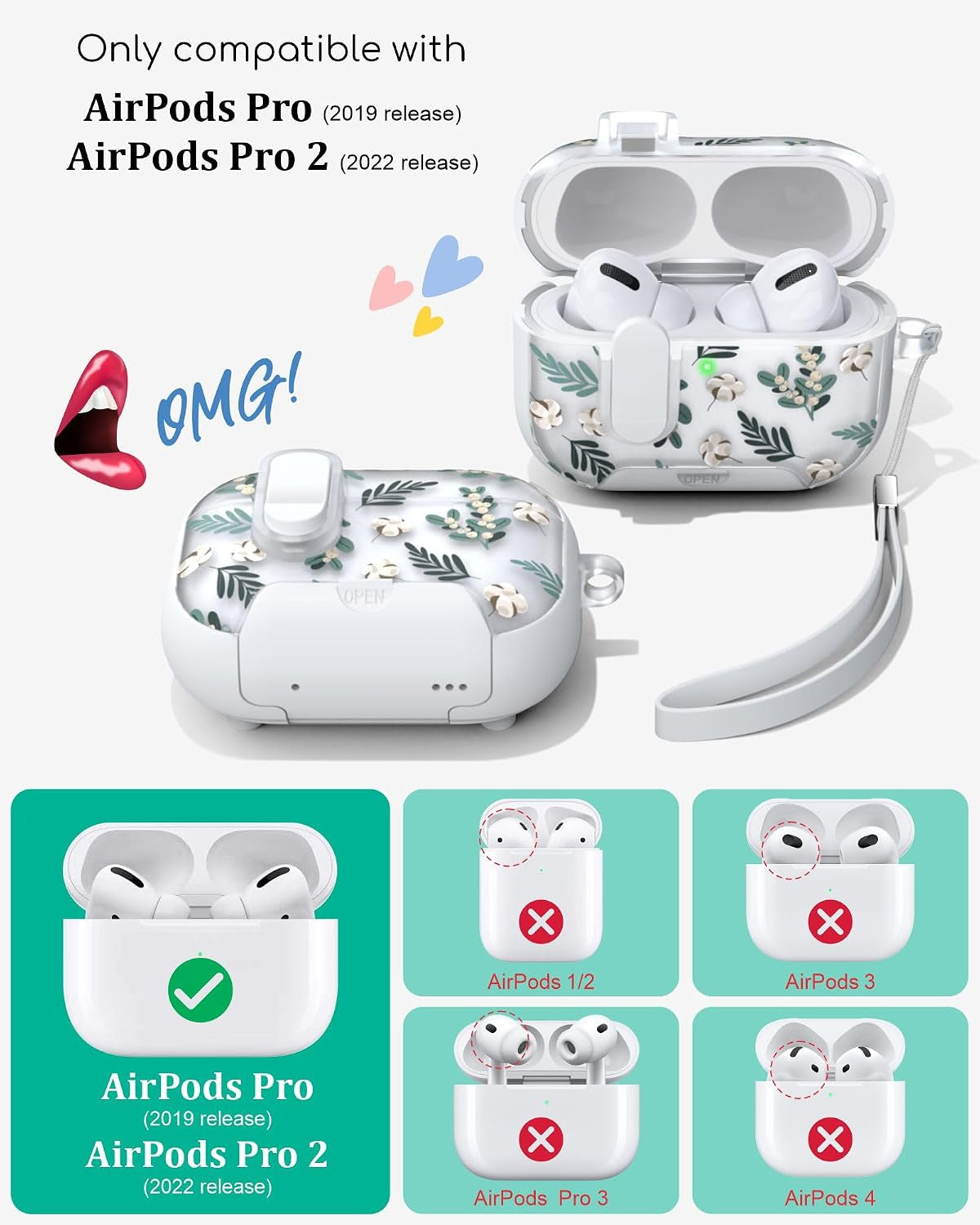for Airpods Pro 2 & Pro Case with Phone Stand Lanyard Lock Cleaning Kit, Compatible with Magsafe, Flowers Hard Cover for Women (Green, Airpods Pro 2 & Pro)